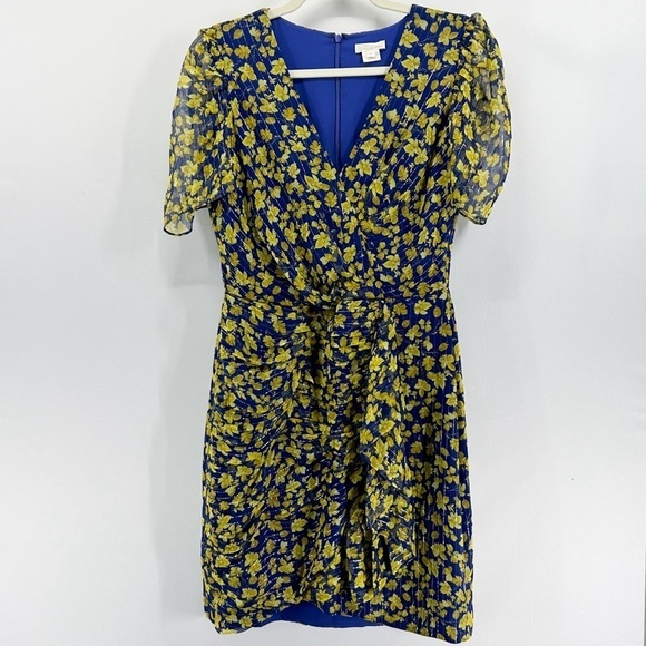 Shoshanna Blue Silk Yellow Floral Metallic Faux Wrap Ruffle Dress size 4 - Picture 7 of 9
